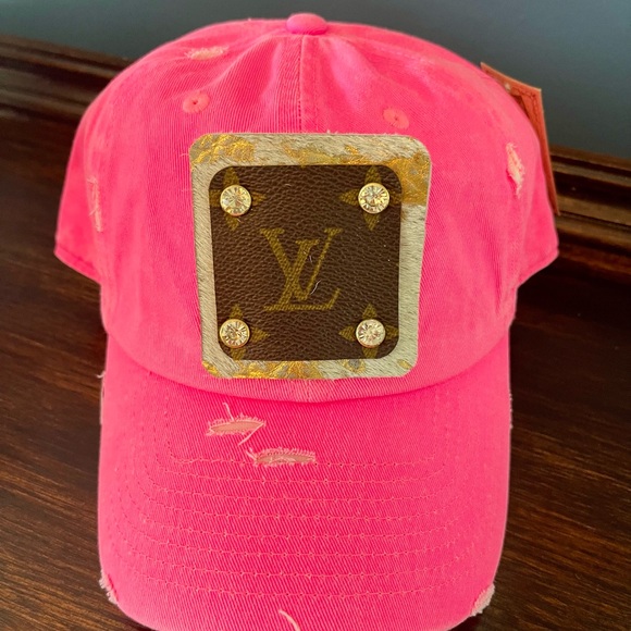 Neon Pink Distressed Hat with Luxury Brand Patch - Picture 2 of 6